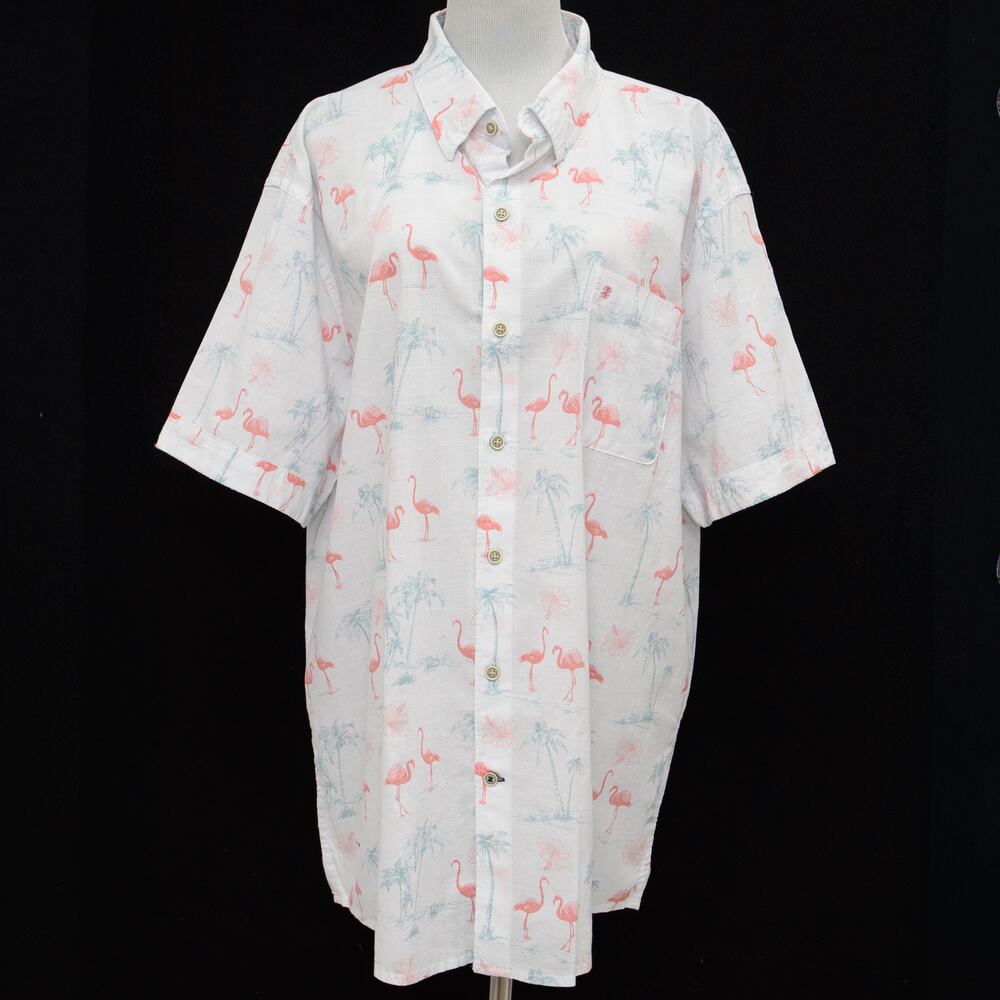 New Izod Dockside Chambray Flamingo Print Woven Shirt Size XXL